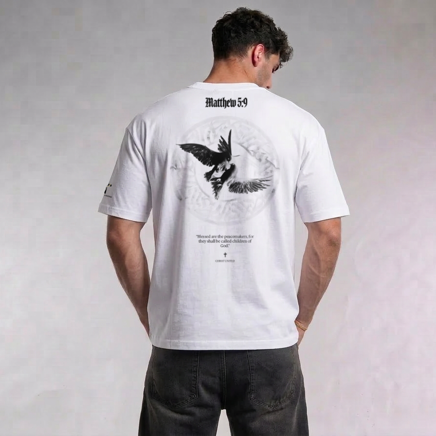 Matthew 5:9 "PEACEMAKERS" White T-Shirt — Christ United faith-forward streetwear, UK